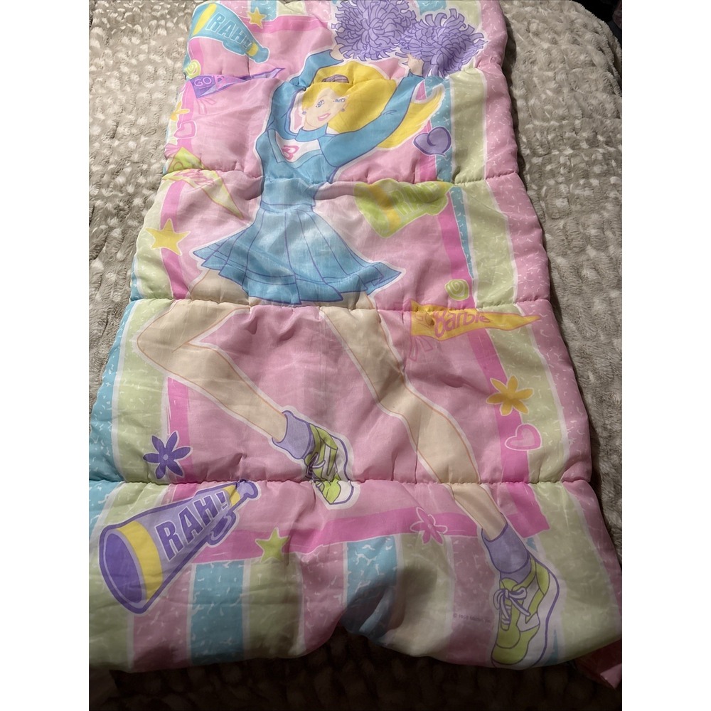 Vintage 90s Barbie Sleeping Bag Retro Blanket Bedding Cheerleader Zip Close
